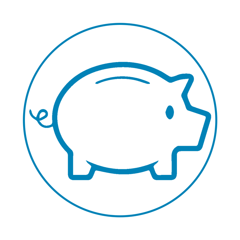 Blue circle with blue piggy bank outline inside